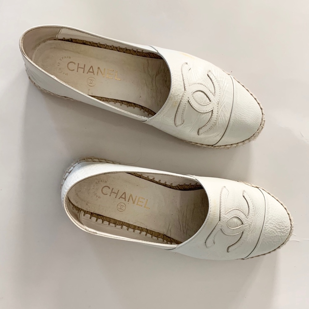Chanel Patent White CC Espadrilles Mildly Used 39